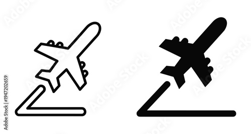 Airplane takeoff icon set showing aircraft departing from runway in outline and solid black styles for travel and aviation design