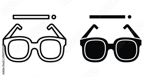 Eyeglasses icon set featuring outline and solid styles with smart technology sensors for augmented reality vision correction and digital display interface