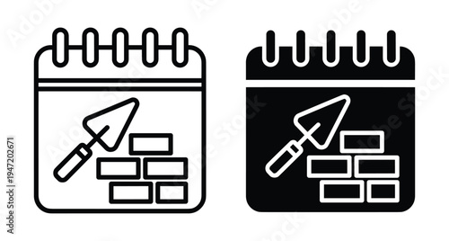 Construction calendar icon set showing masonry trowel and brick wall for building project scheduling and renovation timeline management planning task