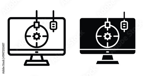Computer monitor screen calibration icon set with target crosshair gear and adjustment sliders for display settings optimization and technical hardware configuration