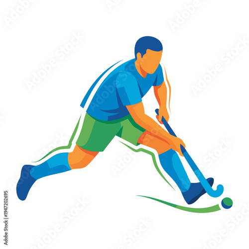 Dynamic field hockey player illustration showcasing athletic prowess and energetic movement, perfect for sports event designs and active lifestyle themes
