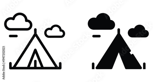 Camping tent icon set with clouds for outdoor adventure travel recreation tourism nature exploration hiking camping trip equipment symbol graphic