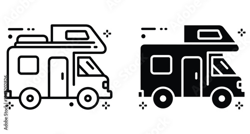 Camper van icon set for travel and camping road trip adventure recreational vehicle motorhome transport outline and solid black style