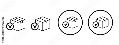 A delivery box icon with a check mark indicates a package has been received or delivered. Perfect for shipping, logistics, and order tracking. Vector illustration