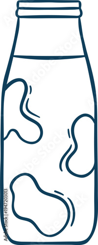 Mediterranean blue line doodle of a classic milk bottle with narrow top. Minimalist dairy icon for farm logos, packaging or restaurant illustrations