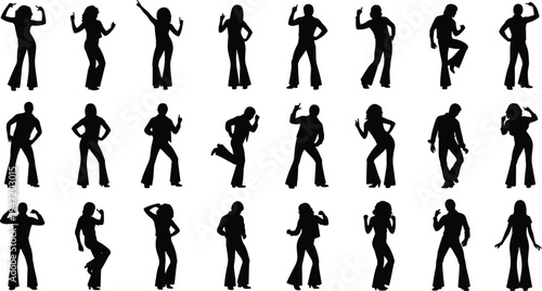 Silhouettes of people dancing in retro disco style poses, arranged in grid formation, expressive movement illustration for music, culture, entertainment, and choreography design concepts