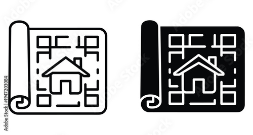 Architectural house blueprint icons showing residential floor plan layout for construction engineering building project development and home design planning services