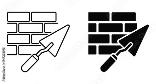 Brick wall construction with trowel tool icon set showing masonry work building process repair maintenance equipment outline and solid style