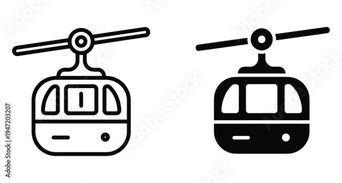Cable car gondola lift icons in line and solid styles for mountain transportation travel tourism ski resort and urban transit web design app interface