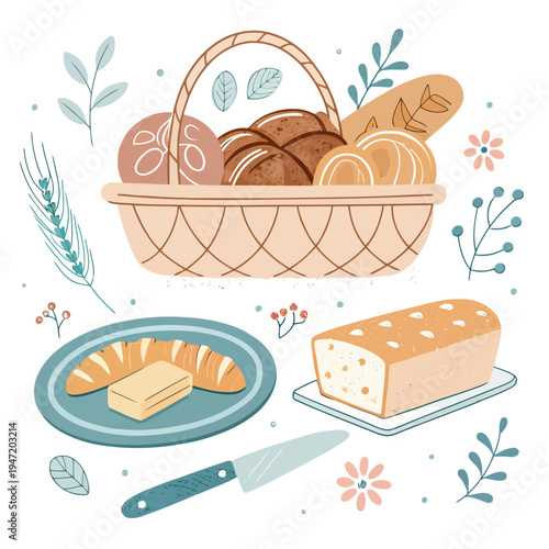 Delightful illustration showcasing a variety of freshly baked bread and pastries in a rustic basket, complete with a croissant, butter, and a loaf, embodying the warmth of home baking