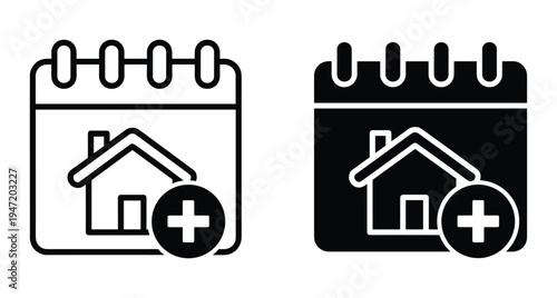 Calendar icon with house and plus sign for real estate scheduling property booking apartment rental date management and home buying services