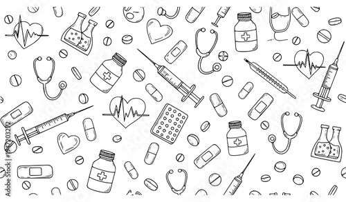 Playful Hand Drawn Medical Seamless Pattern with Syringes Pills Stethoscope Hearts and Healthcare Doodle Icons Vector