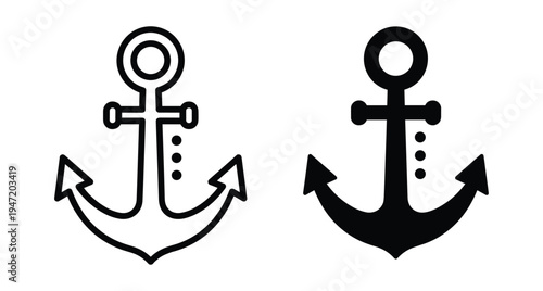 Nautical anchor icon set featuring outline and solid black silhouette designs for maritime shipping navy sailing and ocean travel projects