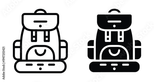 Backpack rucksack icon set for travel hiking school and outdoor adventure equipment in outline and solid glyph vector graphic style