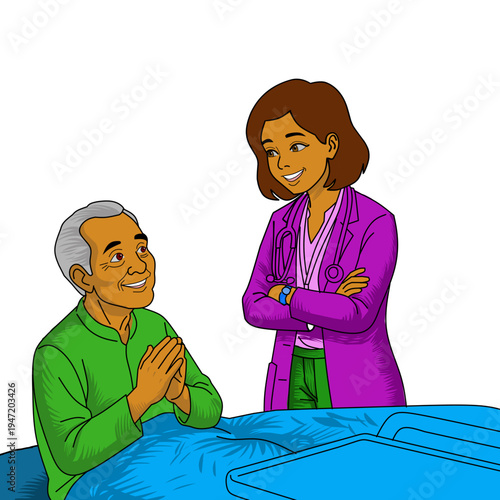 Professional female doctor caring for an elderly patient. Senior healthcare, geriatric medicine, and medical consultation concept. Modern flat vector illustration for nursing home and hospital.