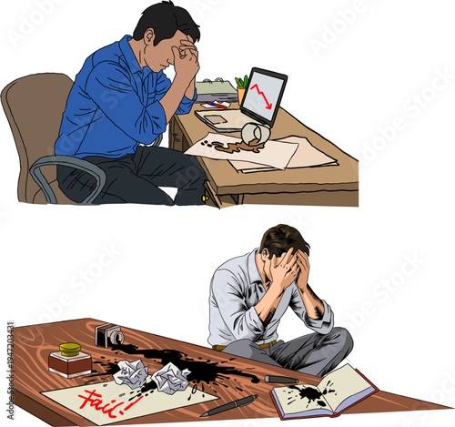 Set of male character designs showing career failure and work stress. Business man feeling depressed, burnt out, and frustrated. Flat vector illustration for mental health and office crisis.