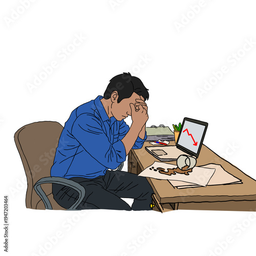 Sad businessman sitting on floor feeling depressed about career failure. Stress, bankruptcy, and job loss concept. Professional male worker frustrated in office. Flat vector illustration.