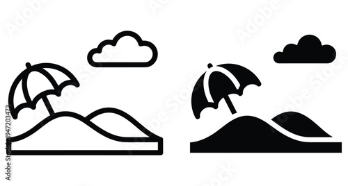 Beach umbrella on sand dunes under a cloud icon set in outline and solid black styles for summer vacation travel