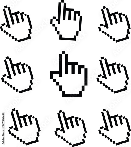 Set of nine hand icons with raised fingers in pixel art style for voting or selection