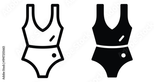 One piece swimsuit icon set featuring outline and solid black styles for summer beach wear swimming pool fashion and vacation