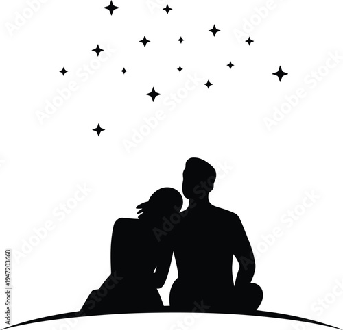 Couple stargazing under night sky with shooting stars and silhouette on hill