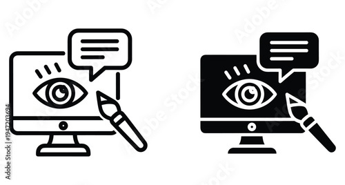 Digital graphic design icon set featuring computer monitor with eye symbol speech bubble and paintbrush for creative art feedback process