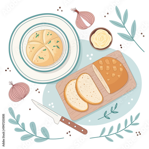 Freshly Baked Bread and Onions with Butter and Herbs, Perfect for a Meal