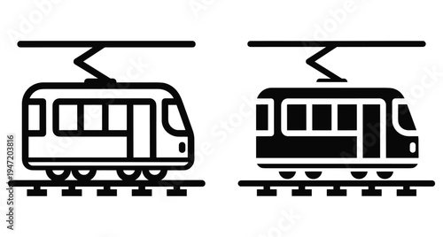 Tram icon set featuring outline and solid silhouette styles of electric streetcar on tracks for urban public transportation and city transit