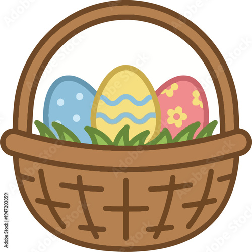 Cute Easter Basket Vector Illustration with Three Decorated Eggs and Green Grass, Perfect for Holiday Designs, Spring Celebrations, and Children's Content