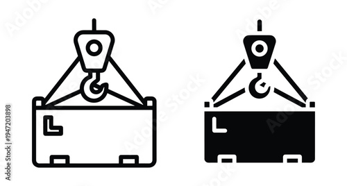 Industrial crane hook lifting cargo shipping container icon set featuring outline and solid glyph styles for logistics freight and transport