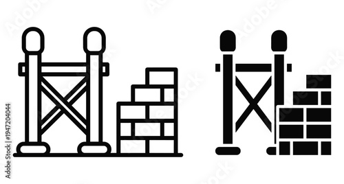 Construction site icon set featuring scaffolding and brick wall structure for building industry architecture development and renovation project design elements