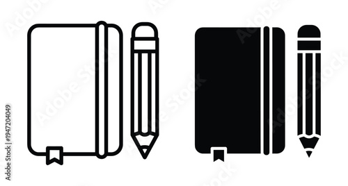 Notebook and pencil icon set with outline and solid glyph styles for education office supplies writing sketching and creative design