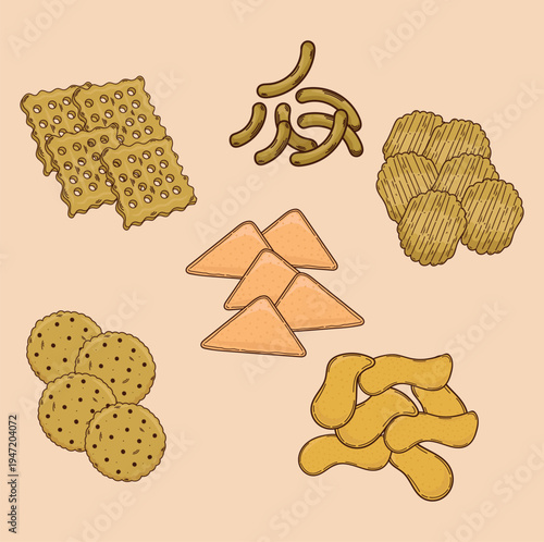 Chips and crackers illustrations snacks handdrawn food illustrations food icons snack posters