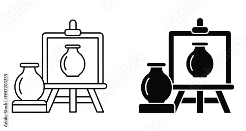 Easel with canvas showing still life vase painting and physical ceramic pot on stand in outline and solid glyph style