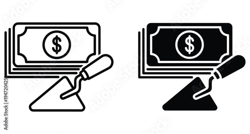 Construction cost icon set featuring dollar bills and masonry trowel representing building budget financial planning renovation expenses and masonry work investment