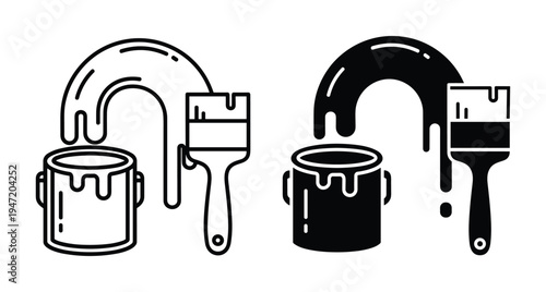 Paint can and brush icon set with dripping liquid stroke for renovation home improvement construction repair and creative art projects