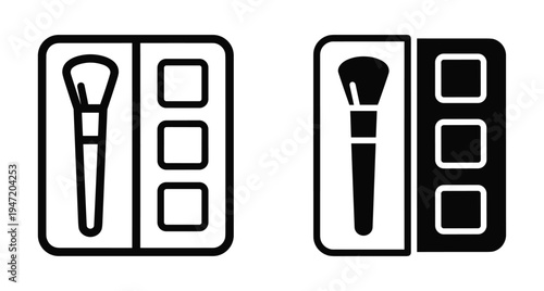 Makeup eyeshadow palette and brush icons set in outline and solid styles for beauty salon cosmetics application and fashion design