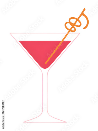 Elegant martini glass with red cocktail and orange swizzle stick isolated on transparent background