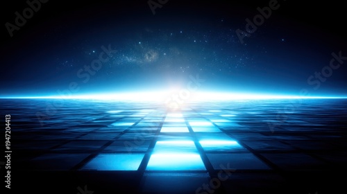 Futuristic digital landscape extends towards a bright horizon under a starry night sky