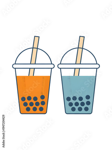 Two colorful bubble tea cups with straws and polka dot patterns isolated on transparent background