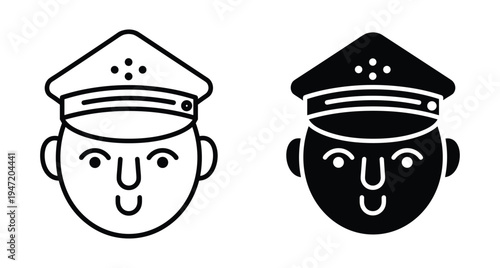 Captain pilot police officer chauffeur security guard head icon set in line and solid style for web and mobile app