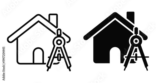 house architecture icon set with drafting compass tool for construction planning building design engineering project development real estate blueprint symbol