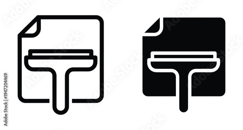 Data cleaning icon set showing document file with squeegee wiper tool for digital hygiene maintenance and clearing cache history data