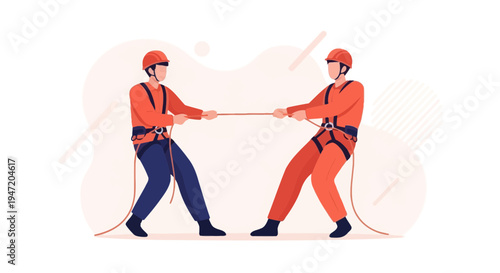 Two men in safety gear playing tug of war, vector illustration