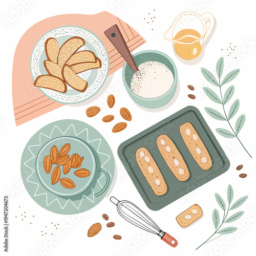 Overhead flat lay illustration of fresh homemade almond cookies or biscotti baking preparation with nuts, sugar, and kitchen tools on a light background, a delightful sweet treat