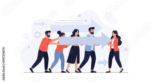 Teamwork and Collaboration: People Carrying Arrow Forward, Business Success Concept