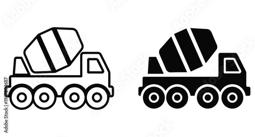 concrete mixer truck icon set featuring outline and solid black silhouette styles for construction industry building projects and heavy machinery equipment