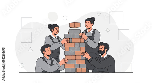 Teamwork building a brick wall, collaboration, construction, business growth concept