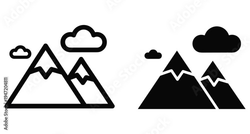 Mountain peak icon set with clouds in outline and solid black style for travel hiking adventure nature and outdoor exploration