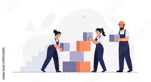 Teamwork building blocks, people stacking boxes, construction, collaboration, logistics, moving